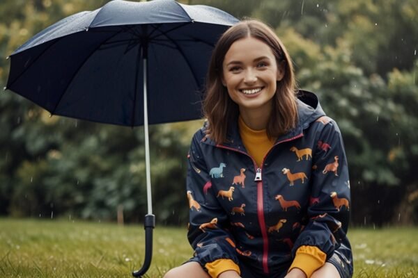 joules golightly navy sausage dog printed waterproof packaway zip jacket​